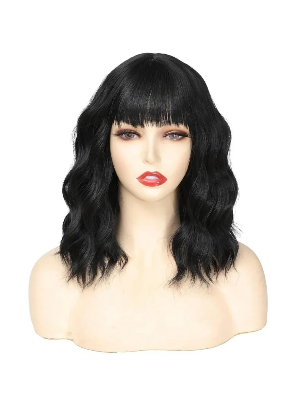 Women's Black 14 Inch Heat Resistant Short Wavy Hair Pastel Bob Wig Bangs